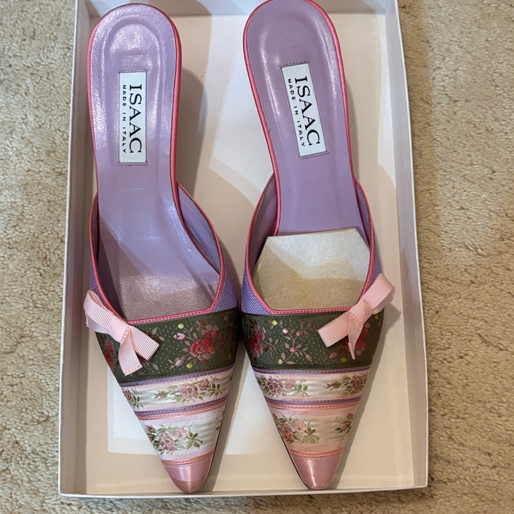 Isaac Mizrahi Pink and Green Floral Mules